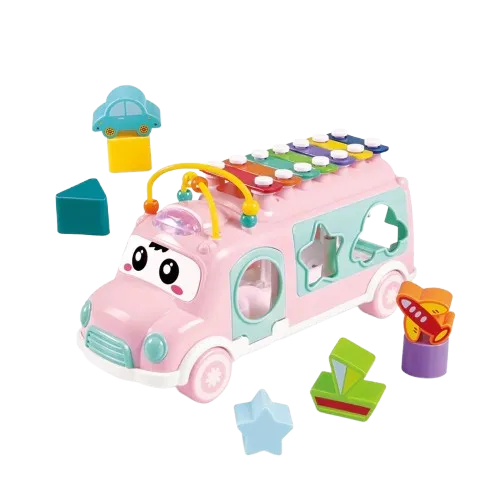 اكسيليفون بشكل سيارة و مكعبات تطابق 7 قطع  - بينك