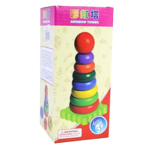 عامود حلقات خشبي بقاعدة خشبية 9 قطع ملونة