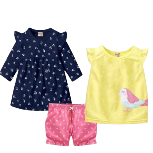 طقم بناتي تلت قطع مكون من فستان وتي شيرت وهوت شورت *6