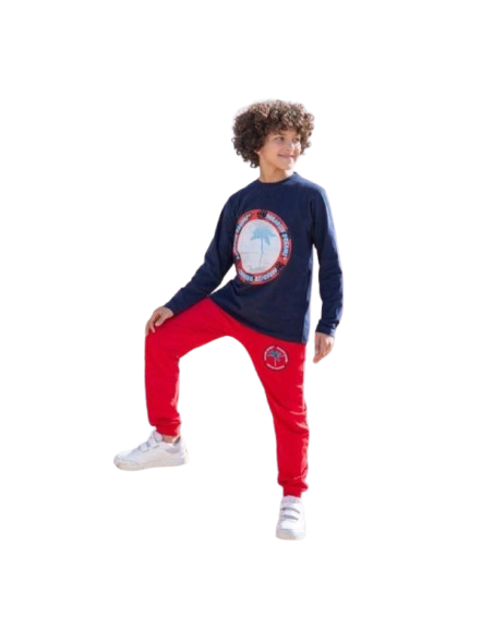 ترنج ولادي قطعتين بنطلون وتي شيرت كحلي في احمر شتوي*7