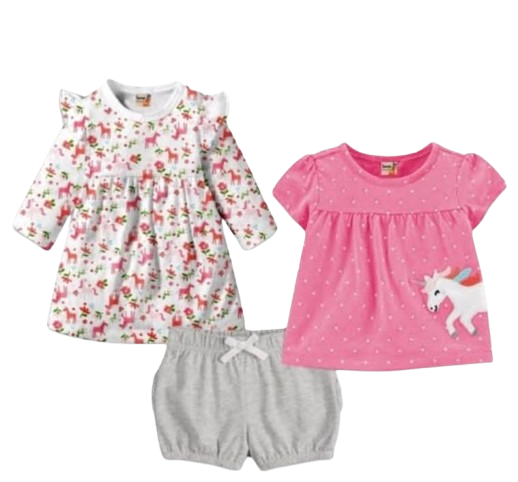 طقم بناتي تي تلت قطع تي شيرت وفستان وشورت بينك في رمادي*62