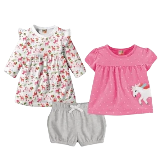 طقم بناتي تي تلت قطع تي شيرت وفستان وشورت بينك في رمادي*62