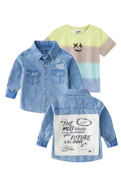 طقم ولادي  قطعتين تي شيرت نص كم وجاكت جينز بكم *95