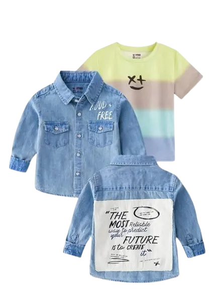 طقم ولادي  قطعتين تي شيرت نص كم وجاكت جينز بكم *95