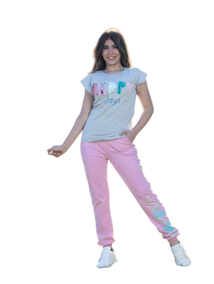 ترنج بناتي قطعتين بنطلون وتي شيرت بنص كم *46