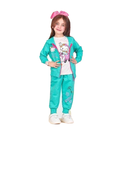 ترنج بناتي تلت قطع بنطلون وتي شيرت بنص كم وجاكت شتوي *64