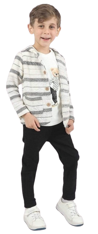 طقم ولادي 3 قطع  جاكت كتان بنطلون جبردين اسود وتي شيرت ابيض *71