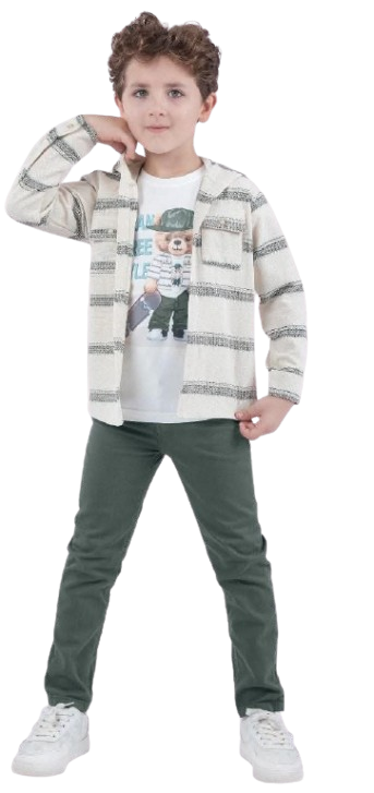 طقم ولادي 3 قطع بنطلون جبردين زيتي و جاكت كتان وتي شيرت ابيض *72