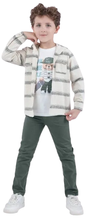 طقم ولادي 3 قطع بنطلون جبردين زيتي و جاكت كتان وتي شيرت ابيض *72